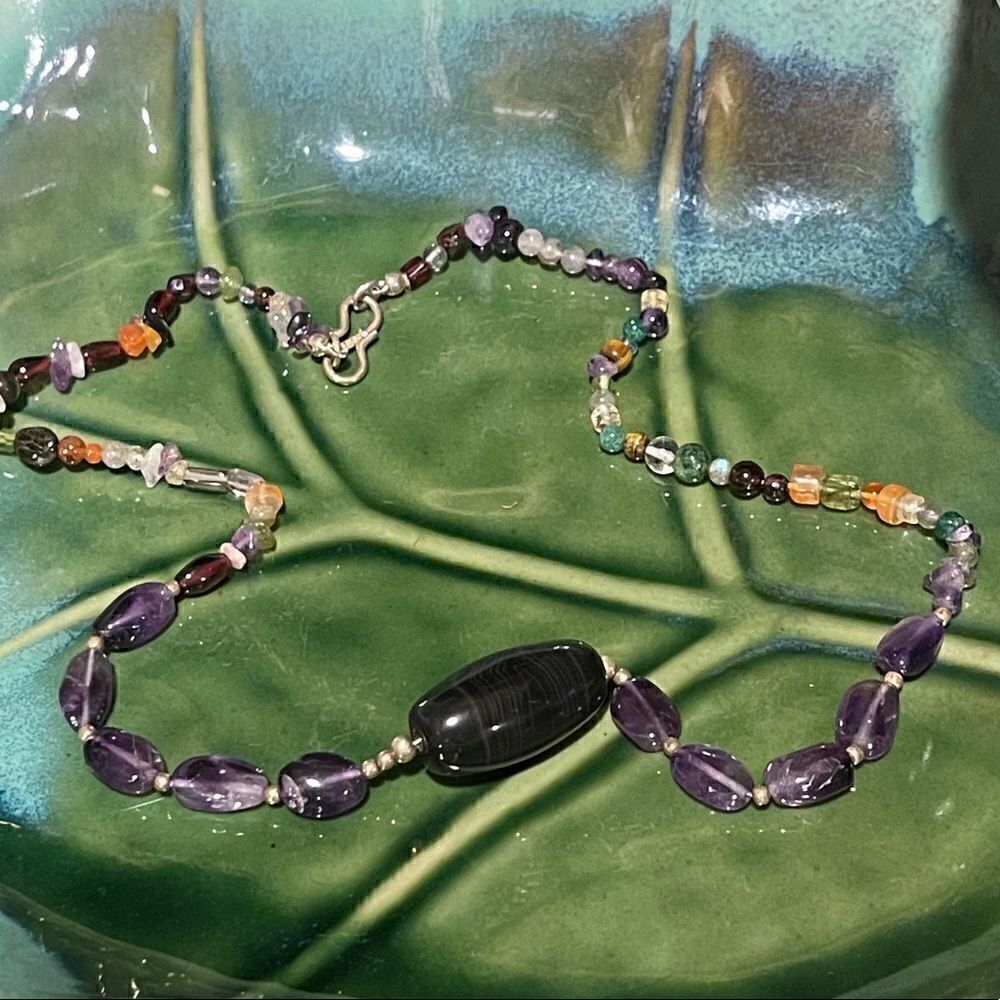 VTG Genuine Amethyst Pendant & Gemstone Handcrafted Necklace 16” Silver Findings